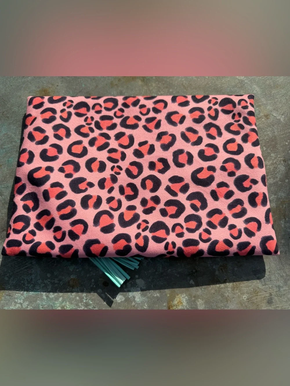 Makeup Junkie Medium Pink Coral Leopard Print Cosmetic Bag Mint Tassel
